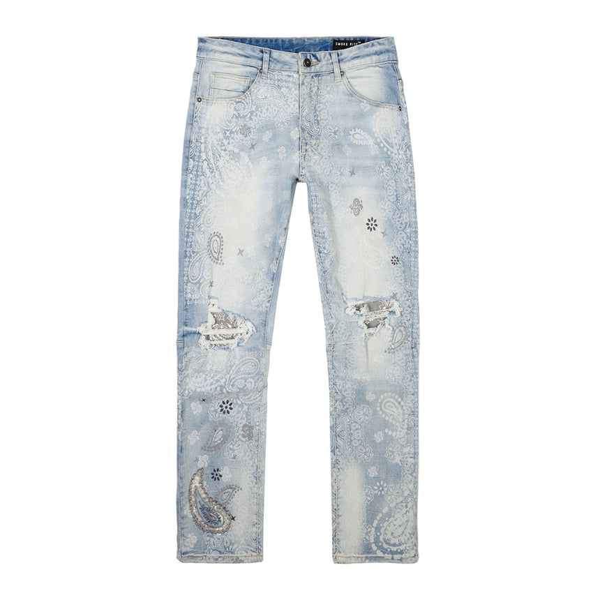 Smoke Rise Laser Print Paisley Jeans - Sherman Blue