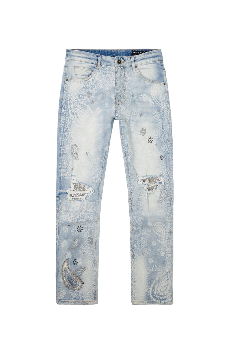 Laser Print Paisley Jeans - Sherman Blue | Slim-Fit Jeans