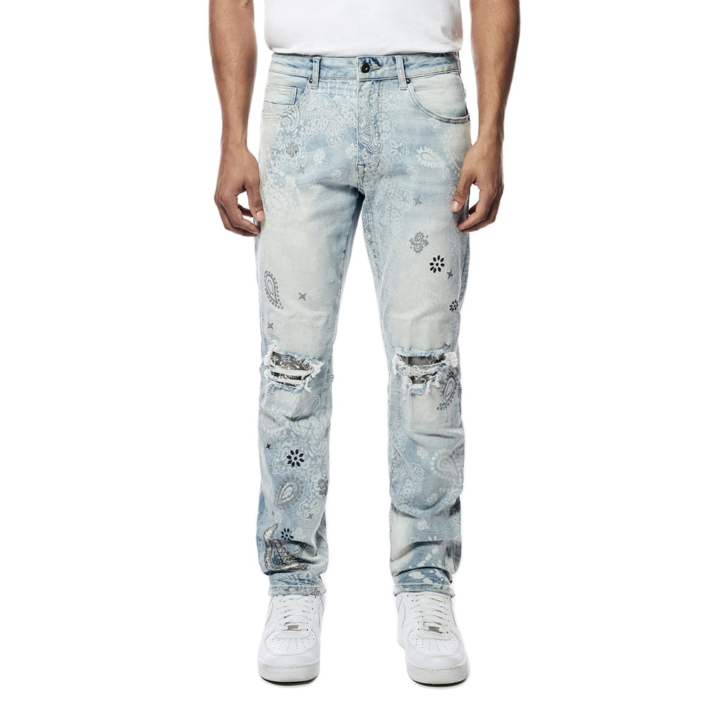 Smoke Rise Laser Print Paisley Jeans - Sherman Blue