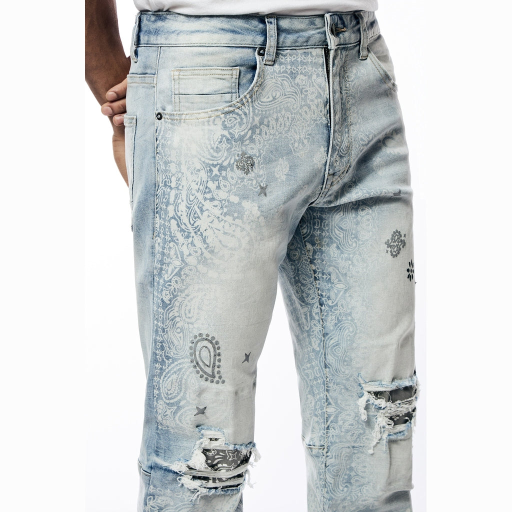 Smoke Rise Laser Print Paisley Jeans - Sherman Blue