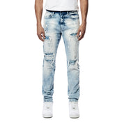 Smoke Rise Bleach Washed Rip & Repaired Jeans - Cabana Blue