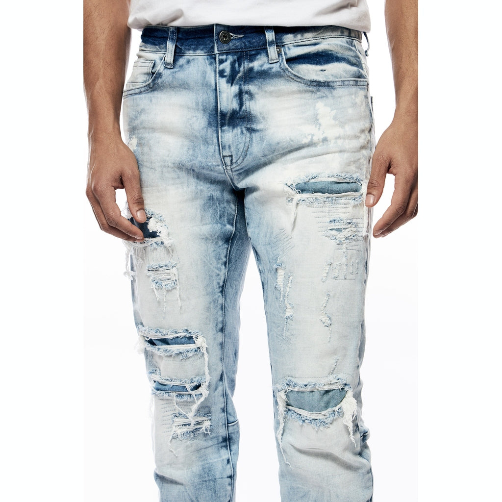 Smoke Rise Bleach Washed Rip & Repaired Jeans - Cabana Blue