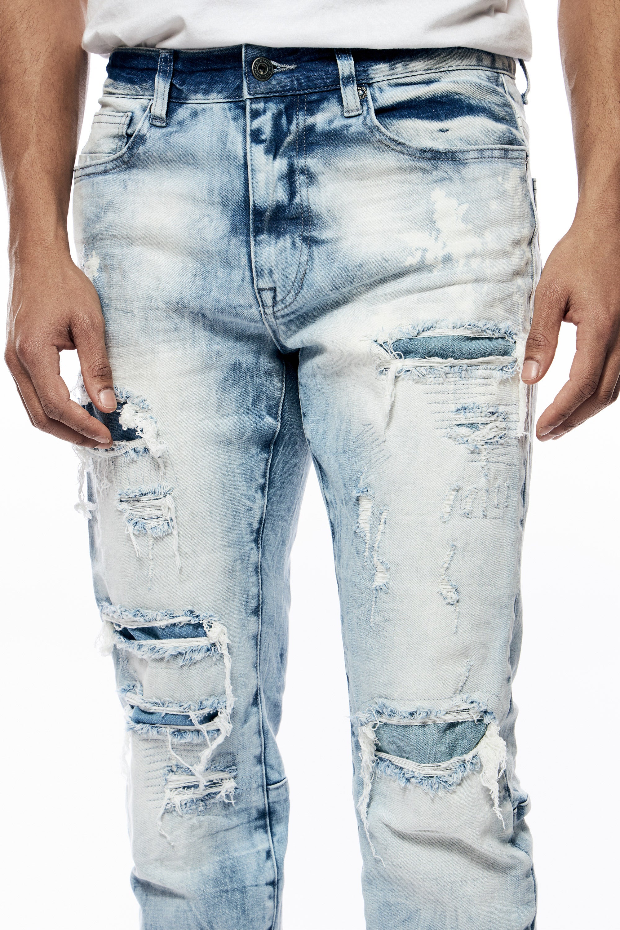 Bleach Washed Rip & Repaired Jeans - Cabana Blue