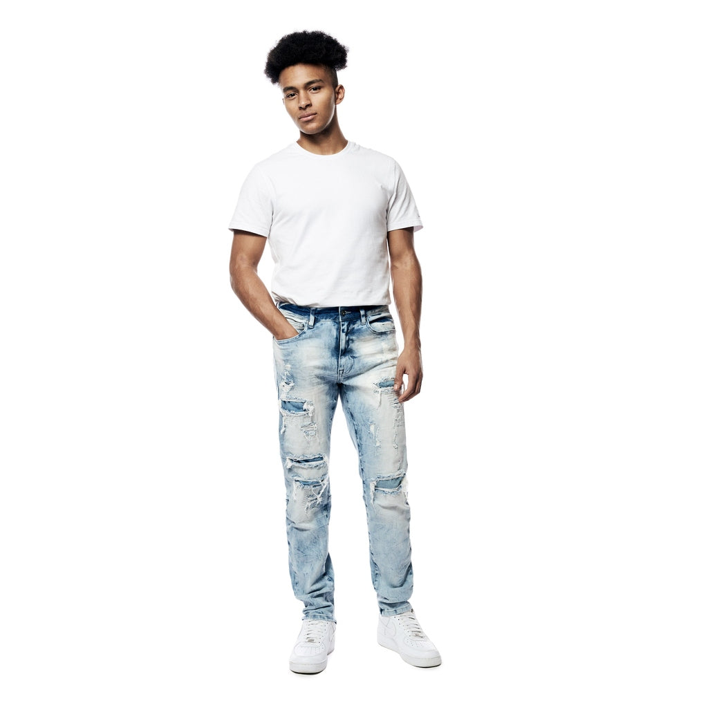 Smoke Rise Bleach Washed Rip & Repaired Jeans - Cabana Blue