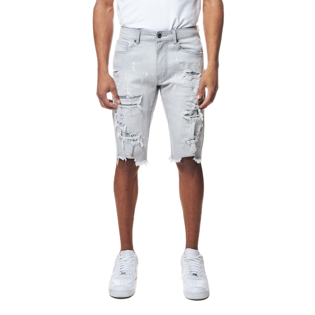 Smoke Rise Distressed Rip & Repair Jean Shorts - Light Grey