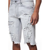 Smoke Rise Distressed Rip & Repair Jean Shorts - Light Grey