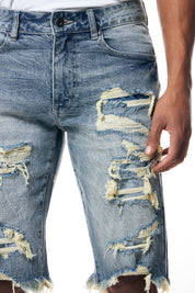 Distressed Rip & Repair Denim Shorts - Marsh Blue