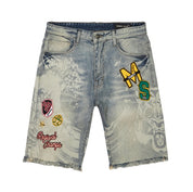 Smoke Rise Laser Printed Varsity Jean Shorts - Vanilla Blue