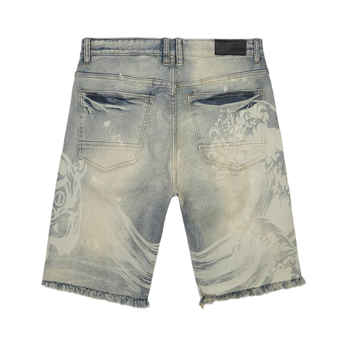 Smoke Rise Laser Printed Varsity Jean Shorts - Vanilla Blue