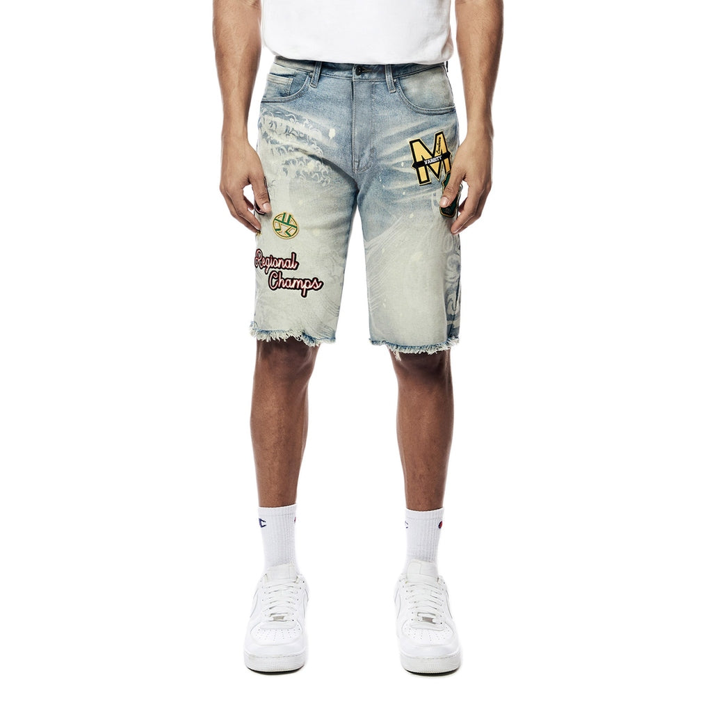 Smoke Rise Laser Printed Varsity Jean Shorts - Vanilla Blue