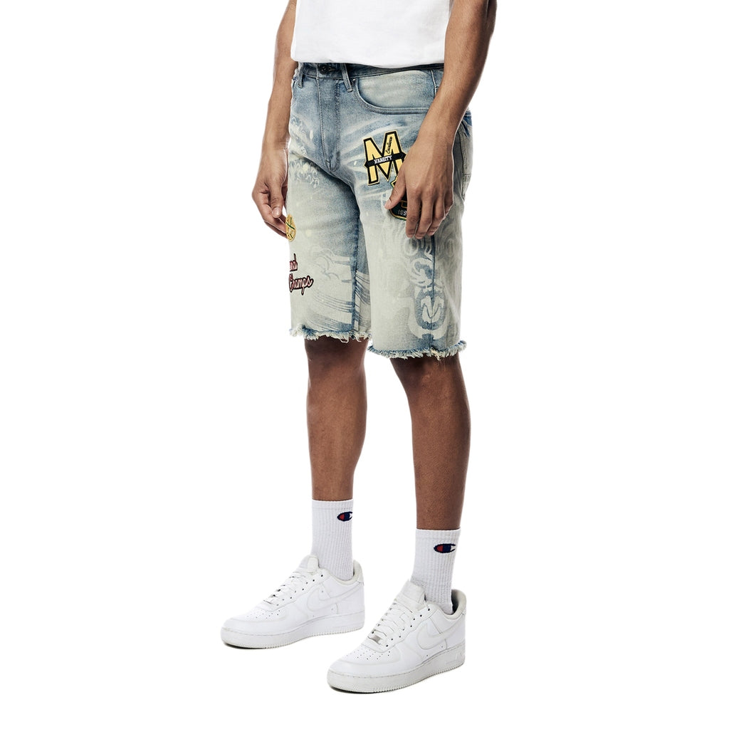 Smoke Rise Laser Printed Varsity Jean Shorts - Vanilla Blue