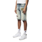 Smoke Rise Laser Printed Varsity Jean Shorts - Vanilla Blue