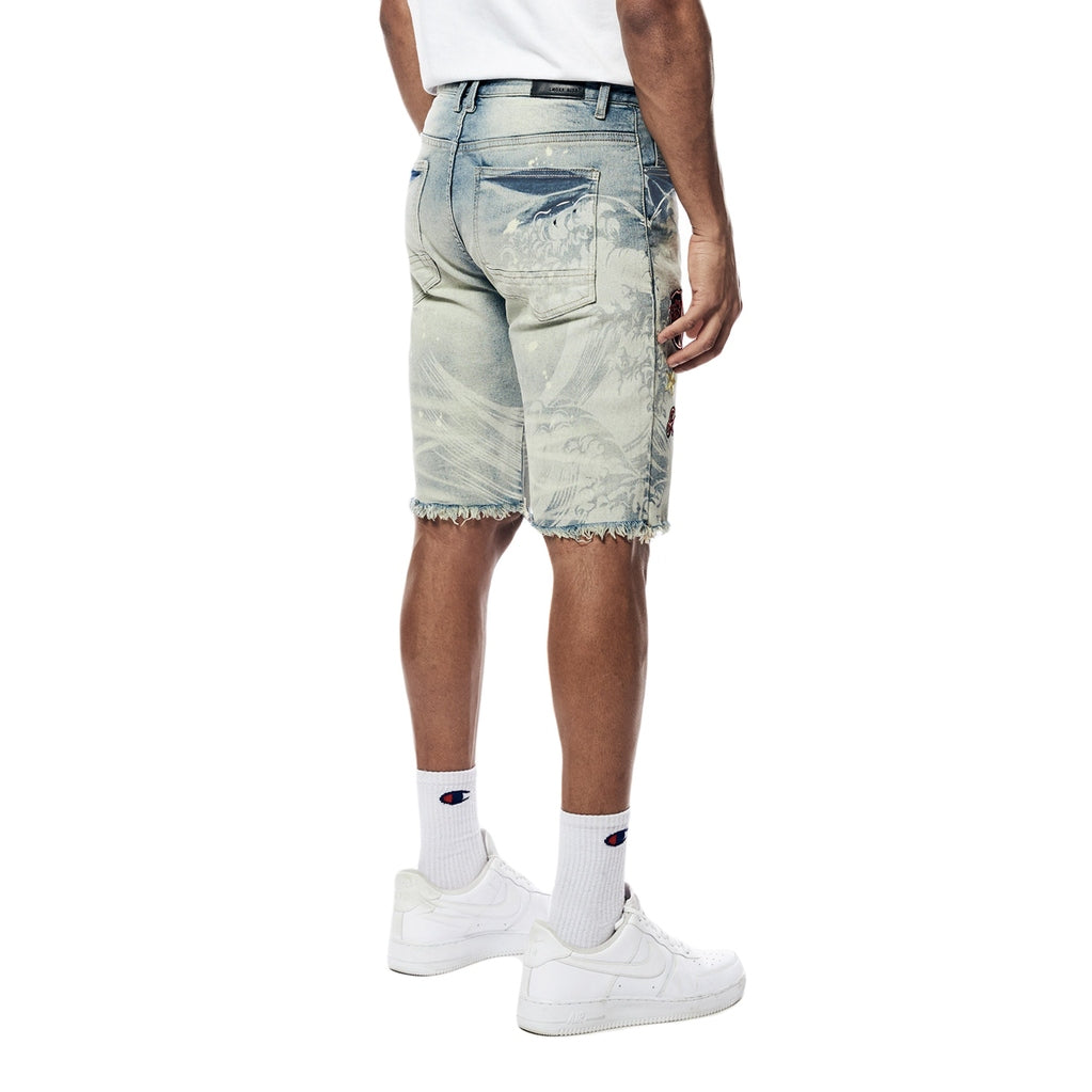 Smoke Rise Laser Printed Varsity Jean Shorts - Vanilla Blue