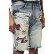 Smoke Rise Laser Printed Varsity Jean Shorts - Vanilla Blue