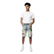 Smoke Rise Laser Printed Varsity Jean Shorts - Vanilla Blue