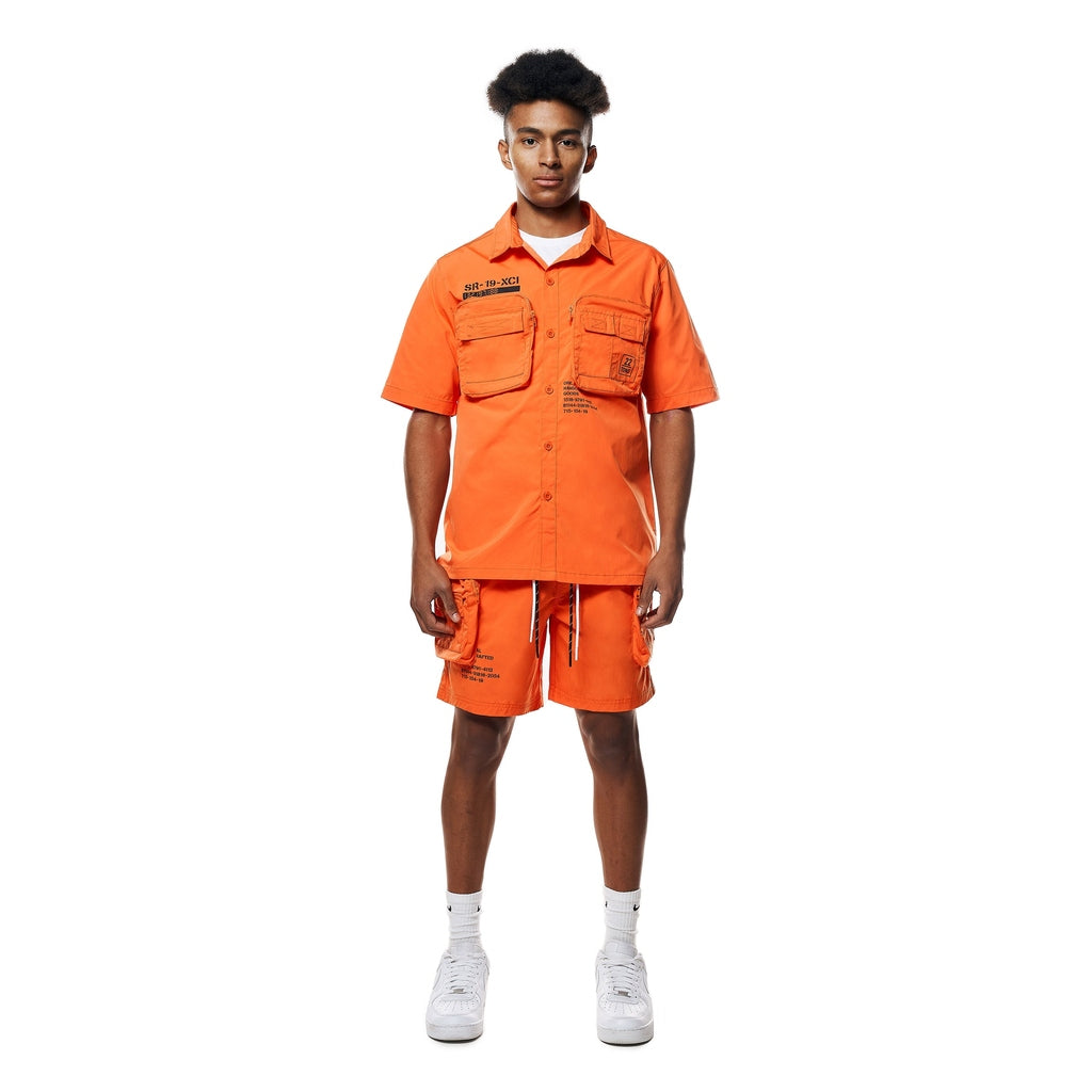 Smoke Rise Printed Utility Boxy Windbreaker Shirt - Orange