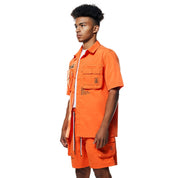 Smoke Rise Printed Utility Boxy Windbreaker Shirt - Orange