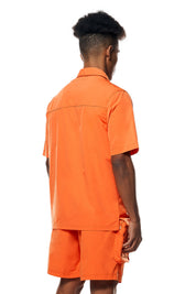 Printed Utility Boxy Windbreaker Shirt - Orange