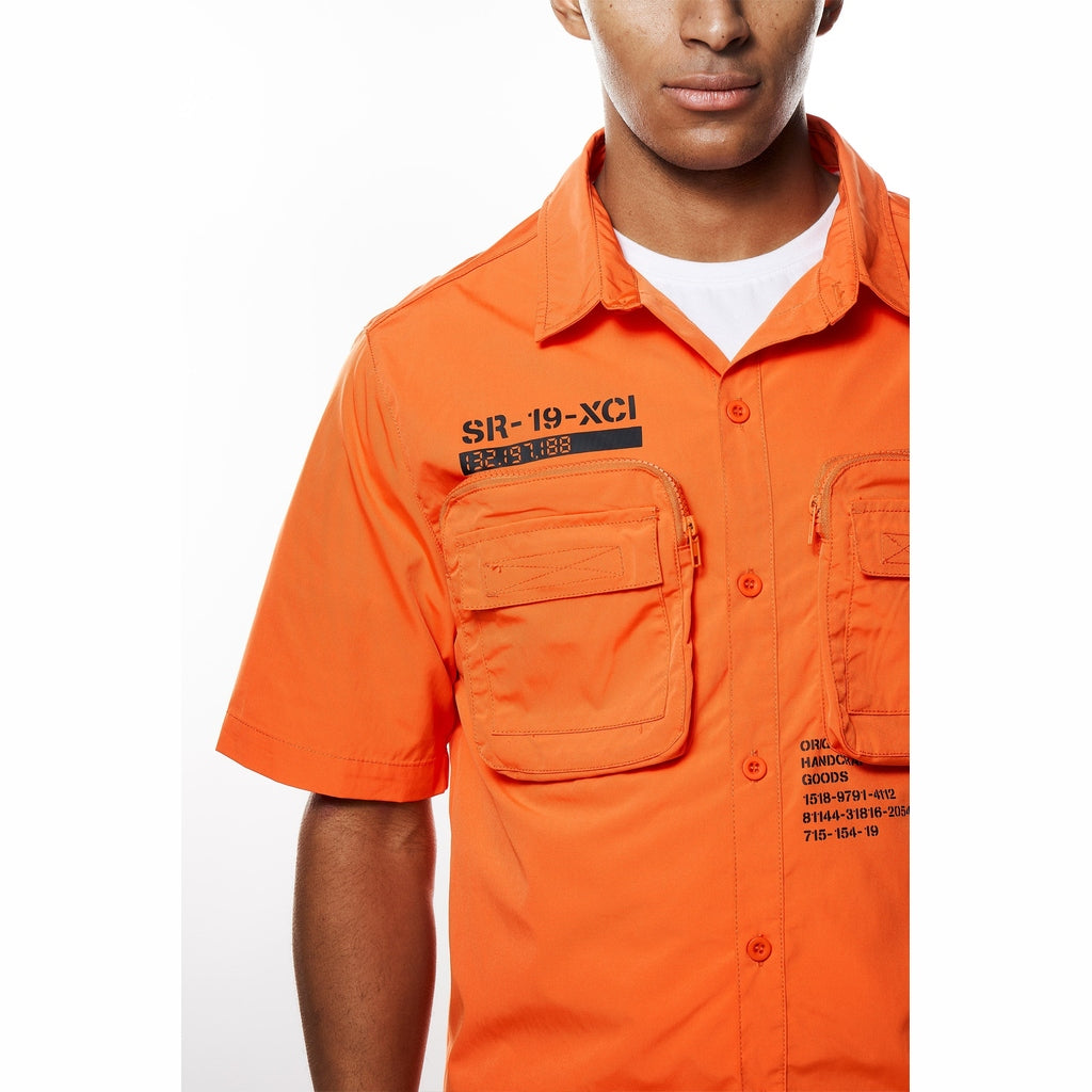 Smoke Rise Printed Utility Boxy Windbreaker Shirt - Orange