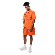 Smoke Rise Printed Utility Boxy Windbreaker Shirt - Orange