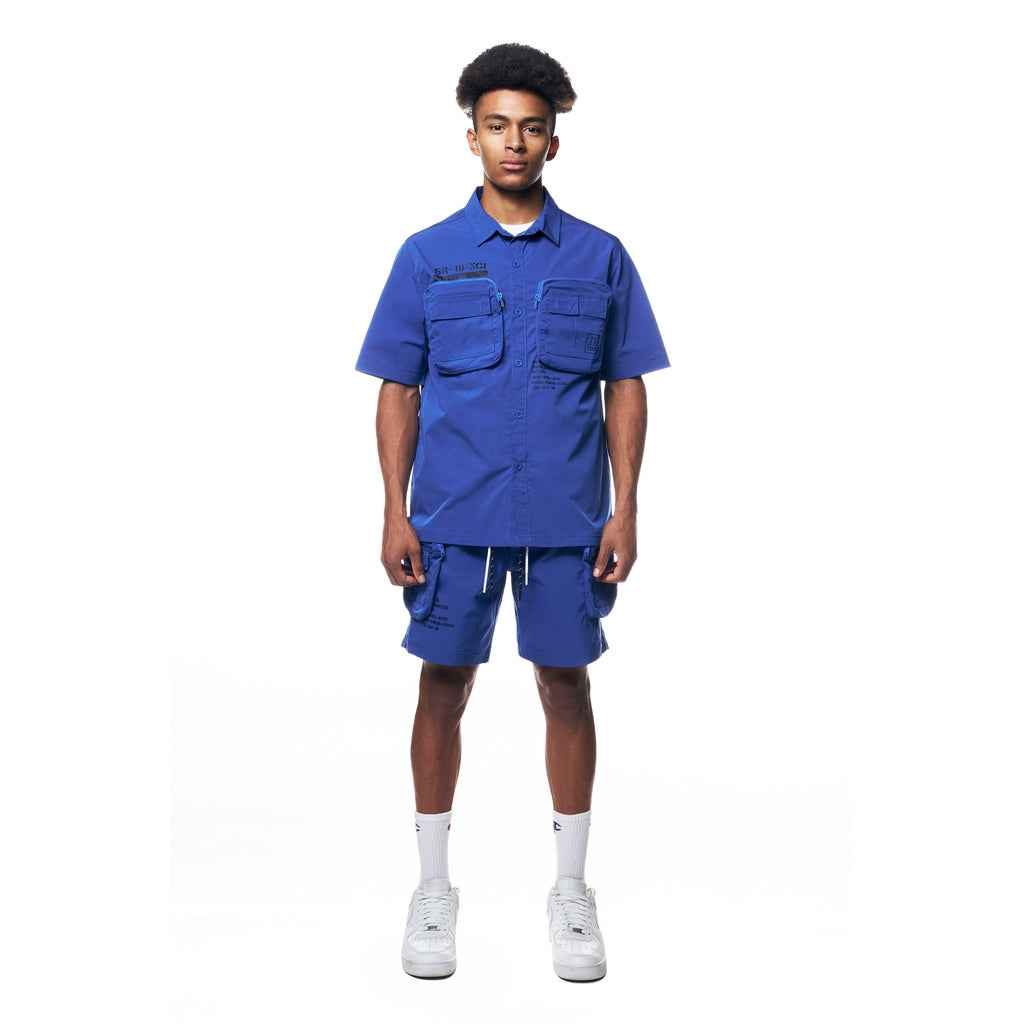 Smoke Rise Printed Utility Boxy Windbreaker Shirt - Royal