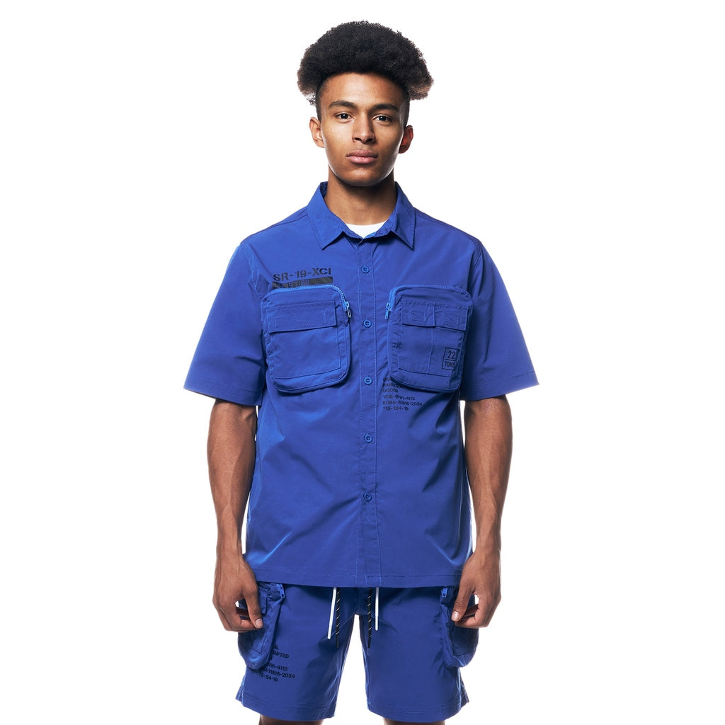 Smoke Rise Printed Utility Boxy Windbreaker Shirt - Royal