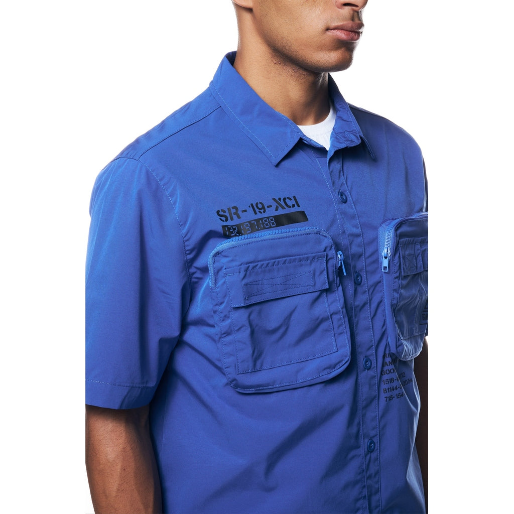 Smoke Rise Printed Utility Boxy Windbreaker Shirt - Royal