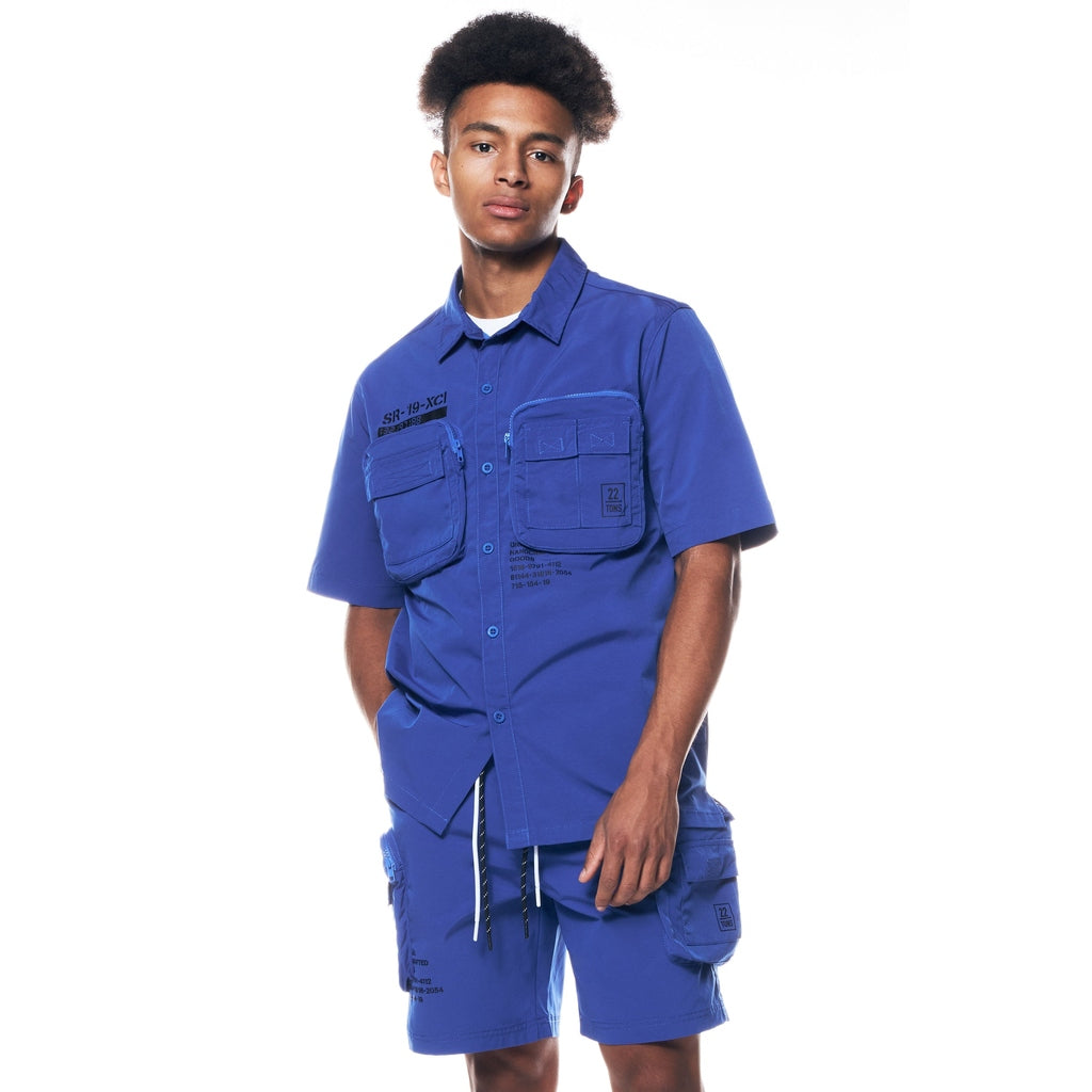 Smoke Rise Printed Utility Boxy Windbreaker Shirt - Royal