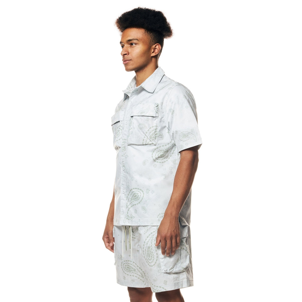 Smoke Rise Printed Short Sleeve Woven Windbreaker Shirt - Sage