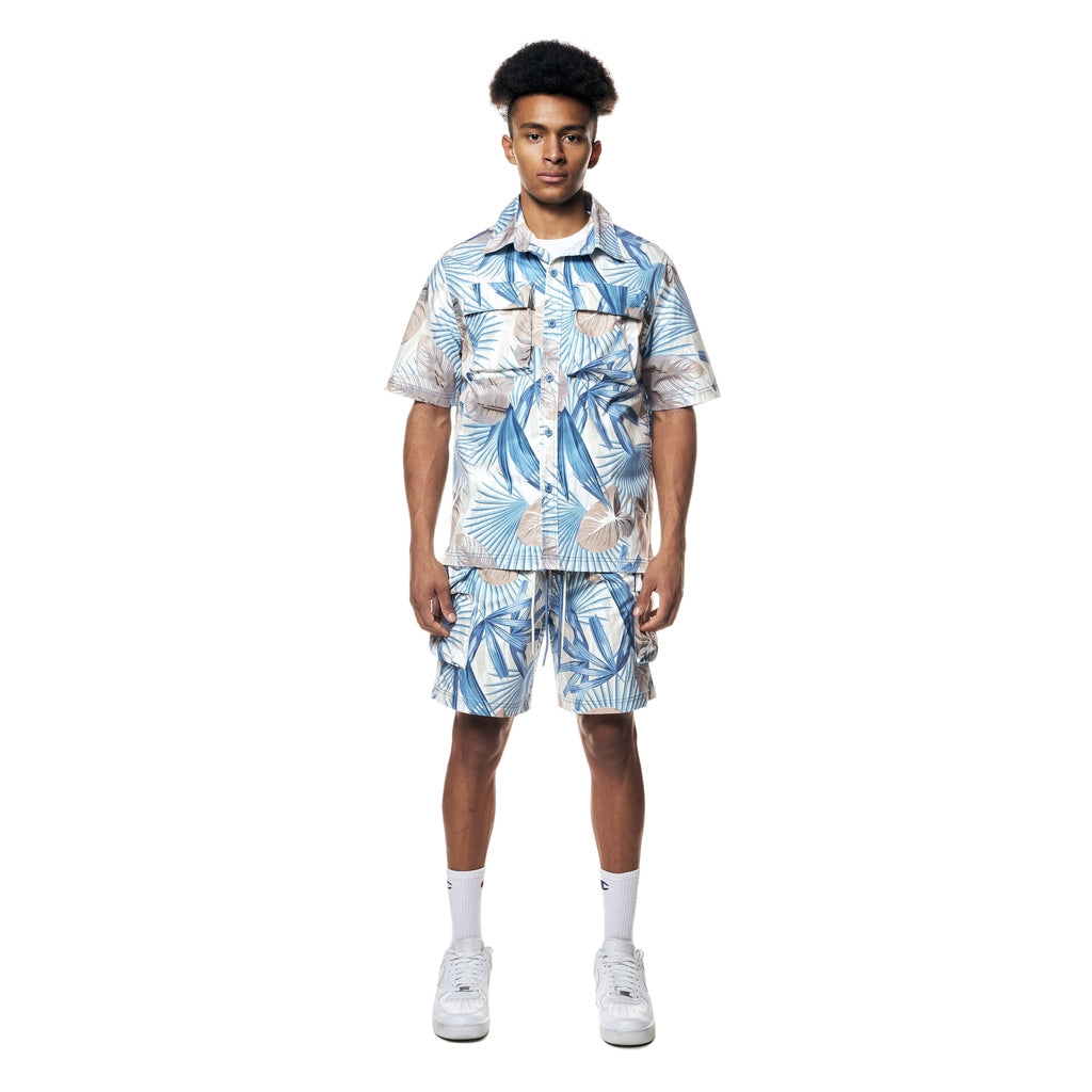 Smoke Rise Printed Short Sleeve Woven Windbreaker Shirt - Tropic Blue