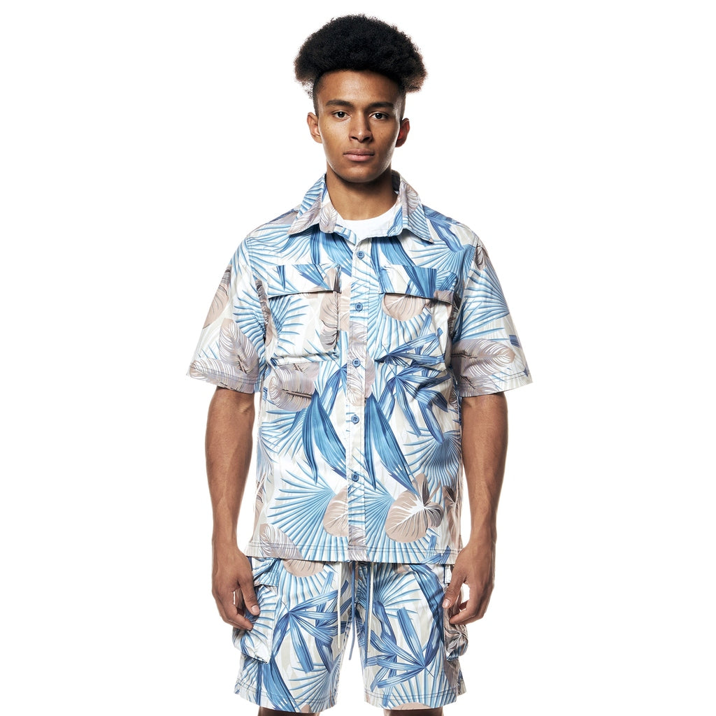 Smoke Rise Printed Short Sleeve Woven Windbreaker Shirt - Tropic Blue