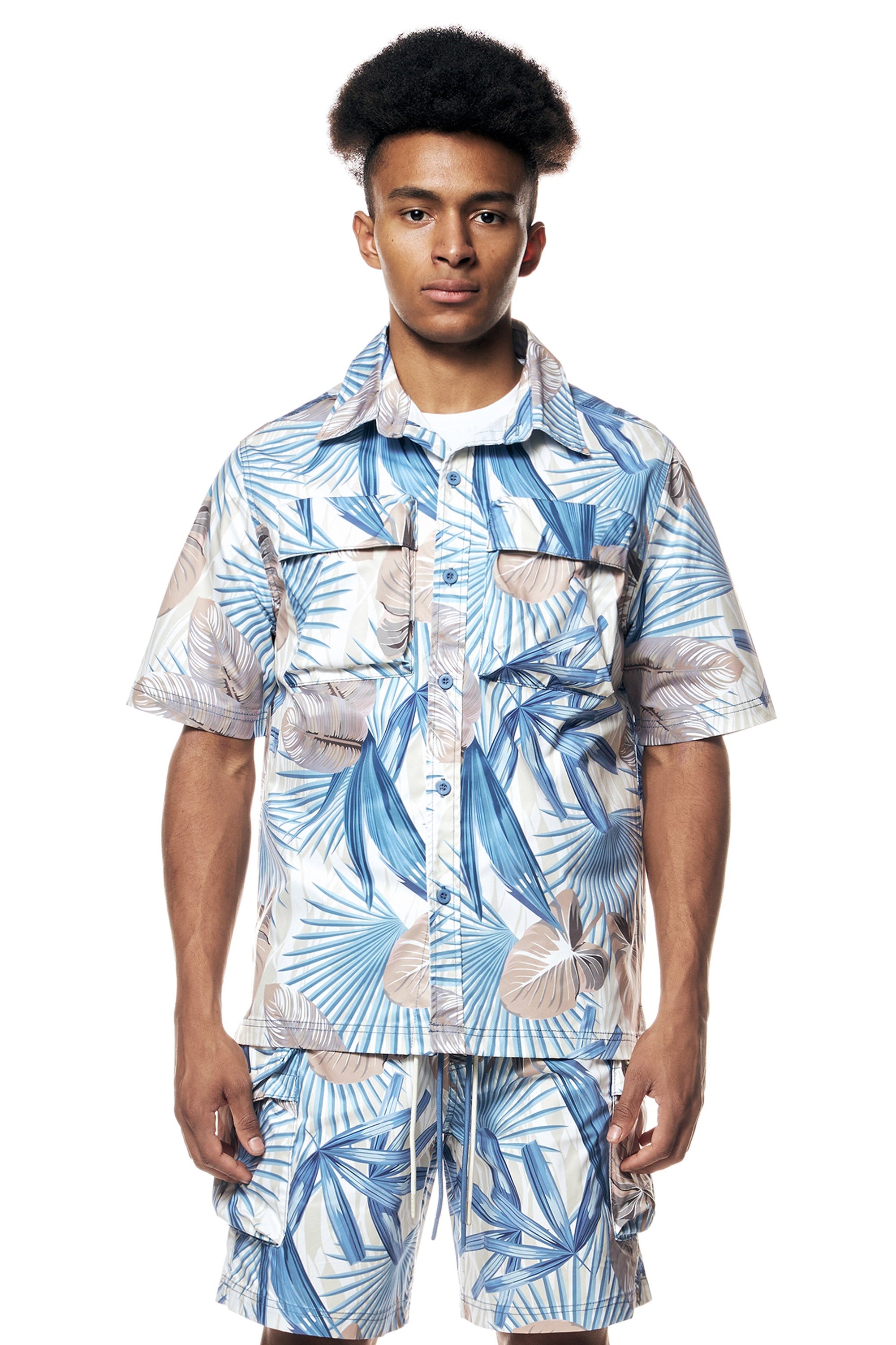 Printed Short Sleeve Woven Windbreaker Shirt - Tropic Blue