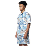 Smoke Rise Printed Short Sleeve Woven Windbreaker Shirt - Tropic Blue