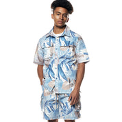 Smoke Rise Printed Short Sleeve Woven Windbreaker Shirt - Tropic Blue