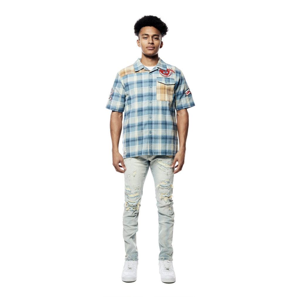 Smoke Rise Plaid Color Block Graphic Shirt - Blue Plaid