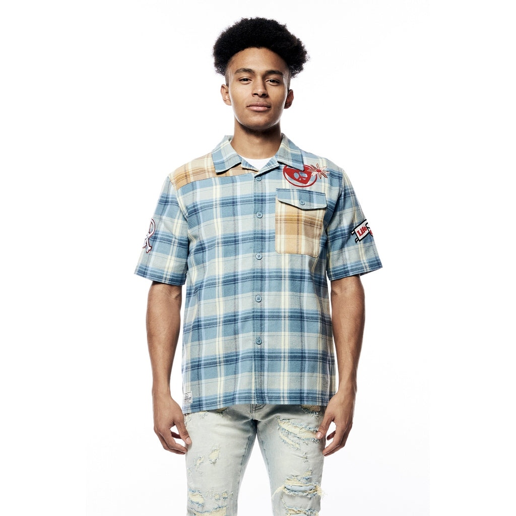 Smoke Rise Plaid Color Block Graphic Shirt - Blue Plaid