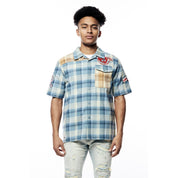 Smoke Rise Plaid Color Block Graphic Shirt - Blue Plaid