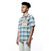 Smoke Rise Plaid Color Block Graphic Shirt - Blue Plaid