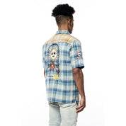 Smoke Rise Plaid Color Block Graphic Shirt - Blue Plaid