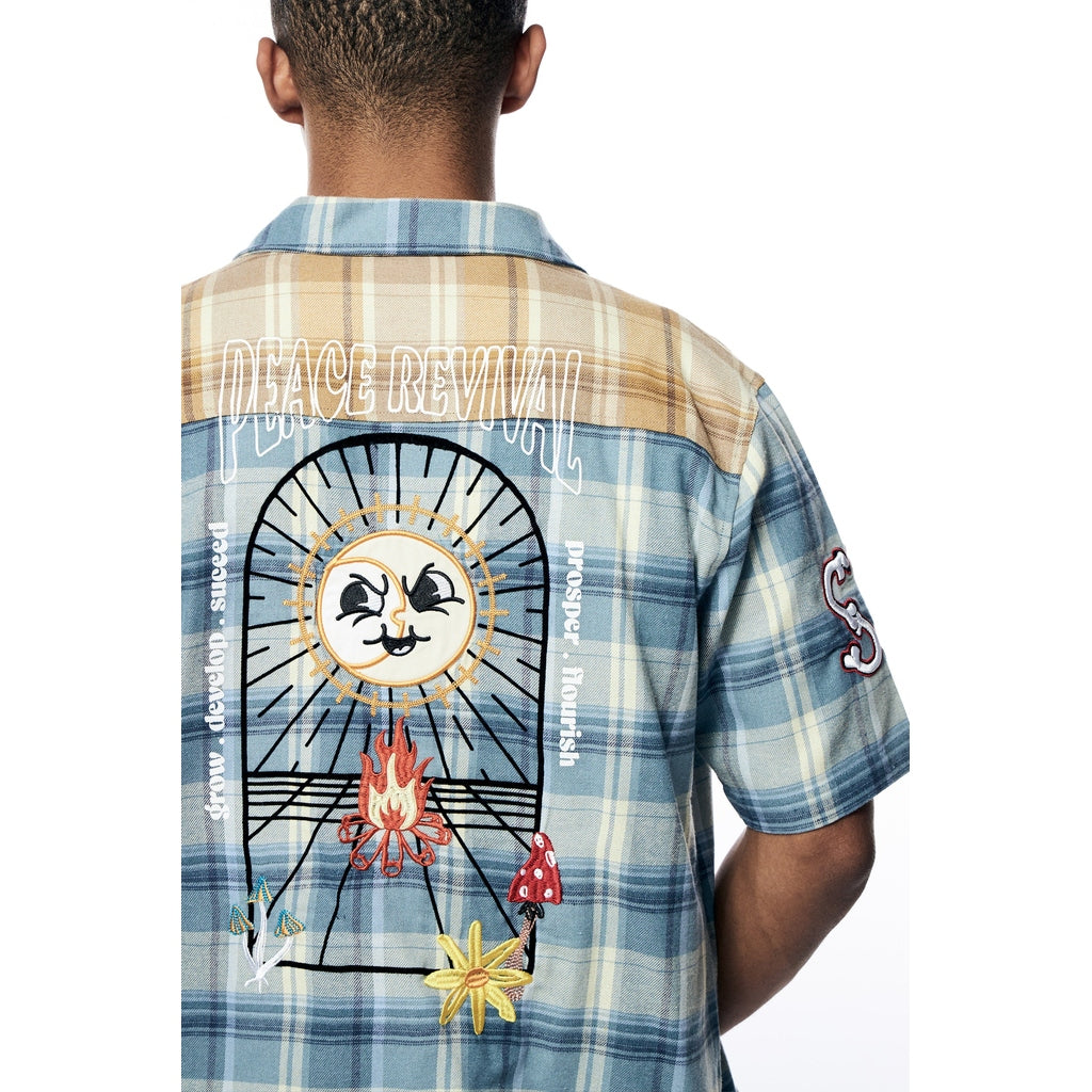 Smoke Rise Plaid Color Block Graphic Shirt - Blue Plaid