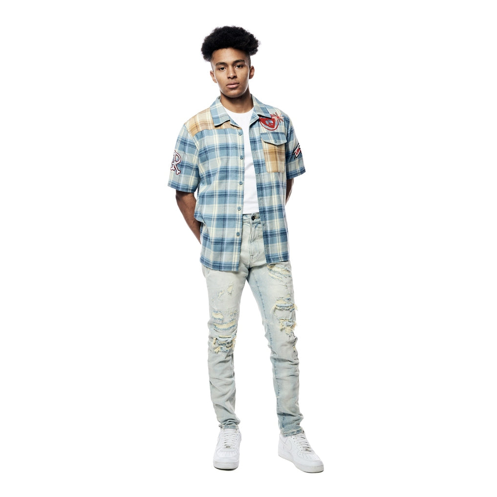 Smoke Rise Plaid Color Block Graphic Shirt - Blue Plaid