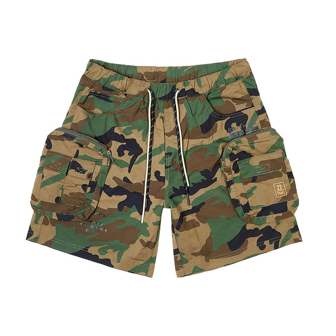 Smoke Rise Printed Utility Lounge Windbreaker Shorts - Wood Camo