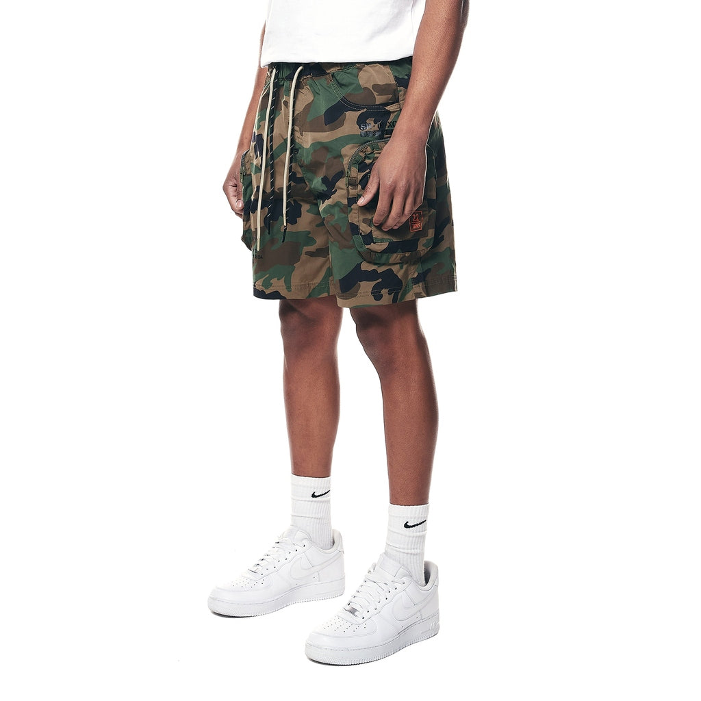 Smoke Rise Printed Utility Lounge Windbreaker Shorts - Wood Camo