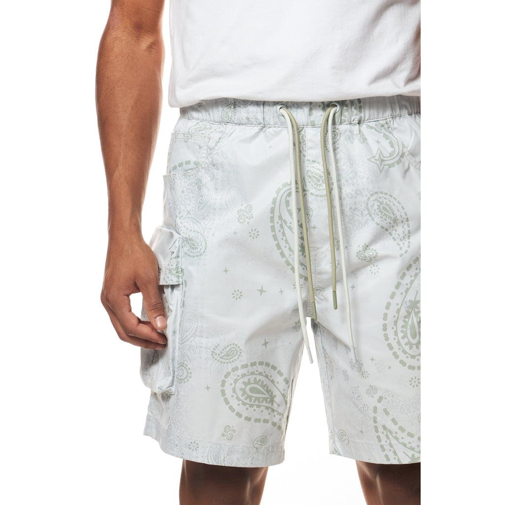 Smoke Rise Printed Utility Windbreaker Shorts - Sage