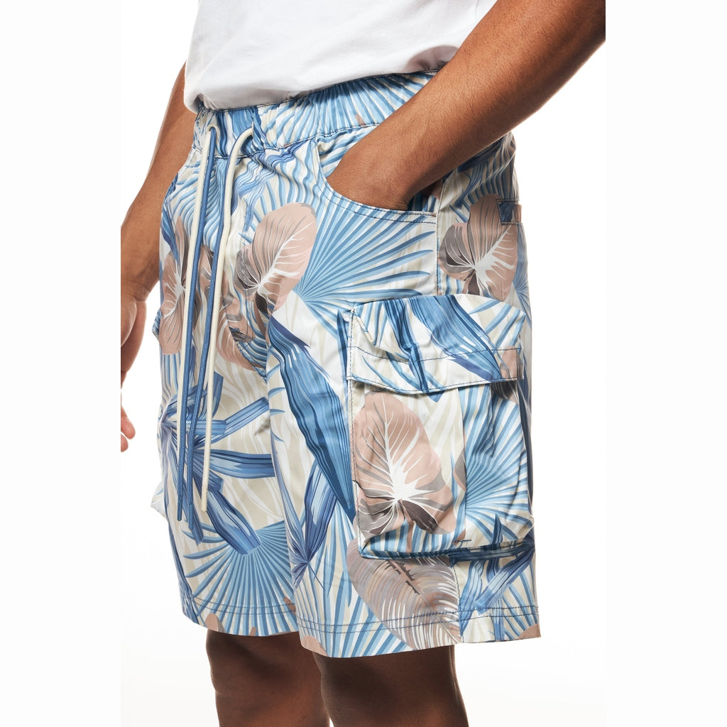 Smoke Rise Printed Utility Windbreaker Shorts - Tropic Blue