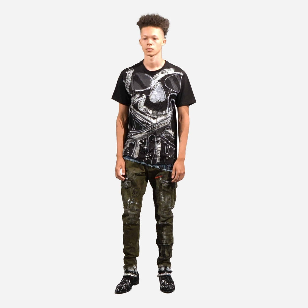 Bleu Noir Skull Embroidered Crew Neck Tee - Black