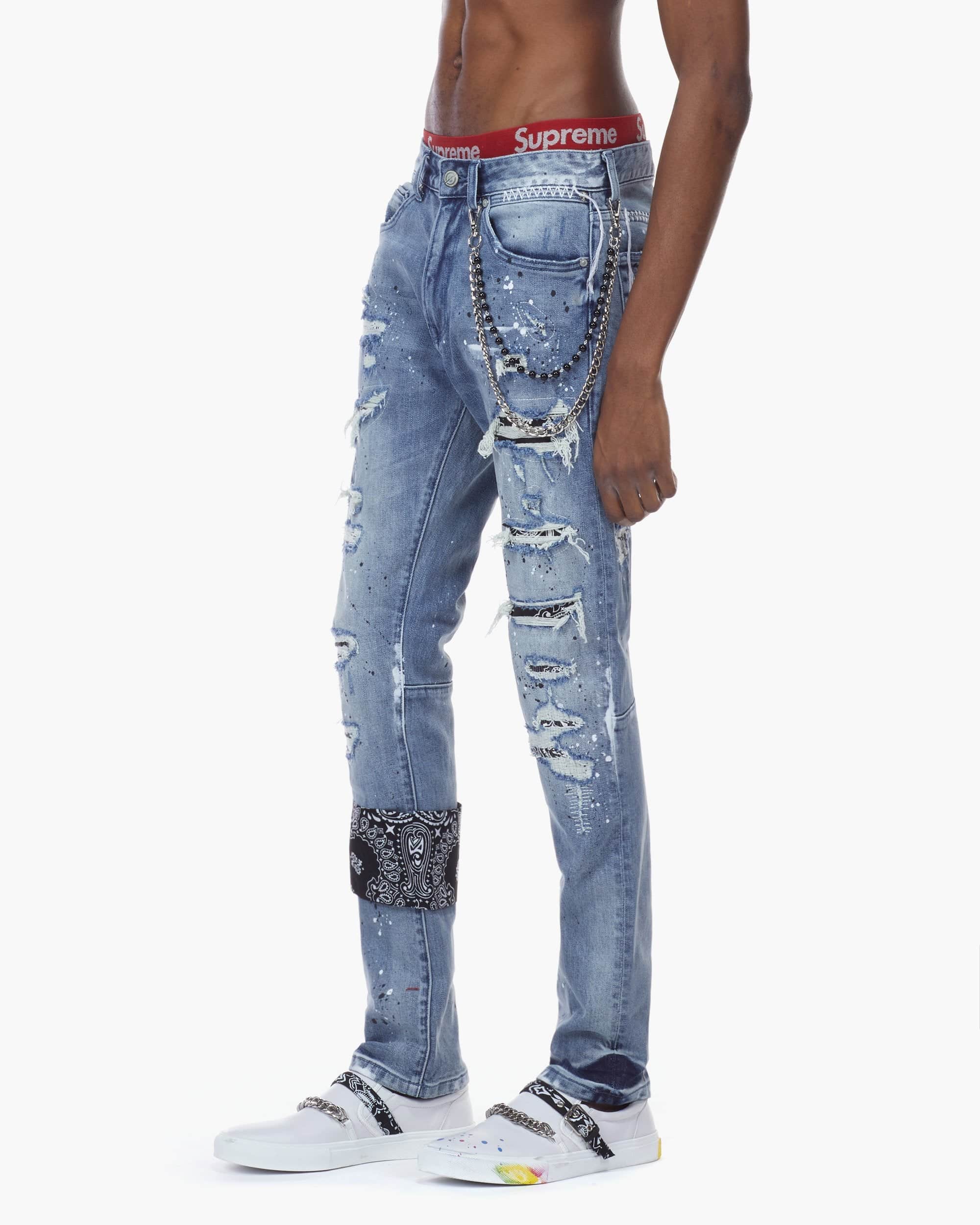 Skinny Rigid Bandana Rip Jeans with Chain