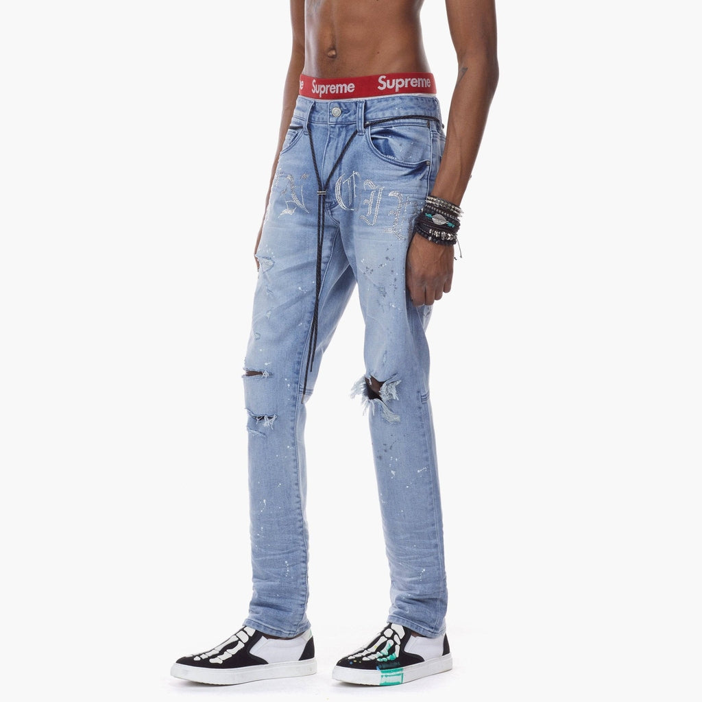 Bleu Noir Bleunoir Rhinestone Logo Jeans - Zest Blue