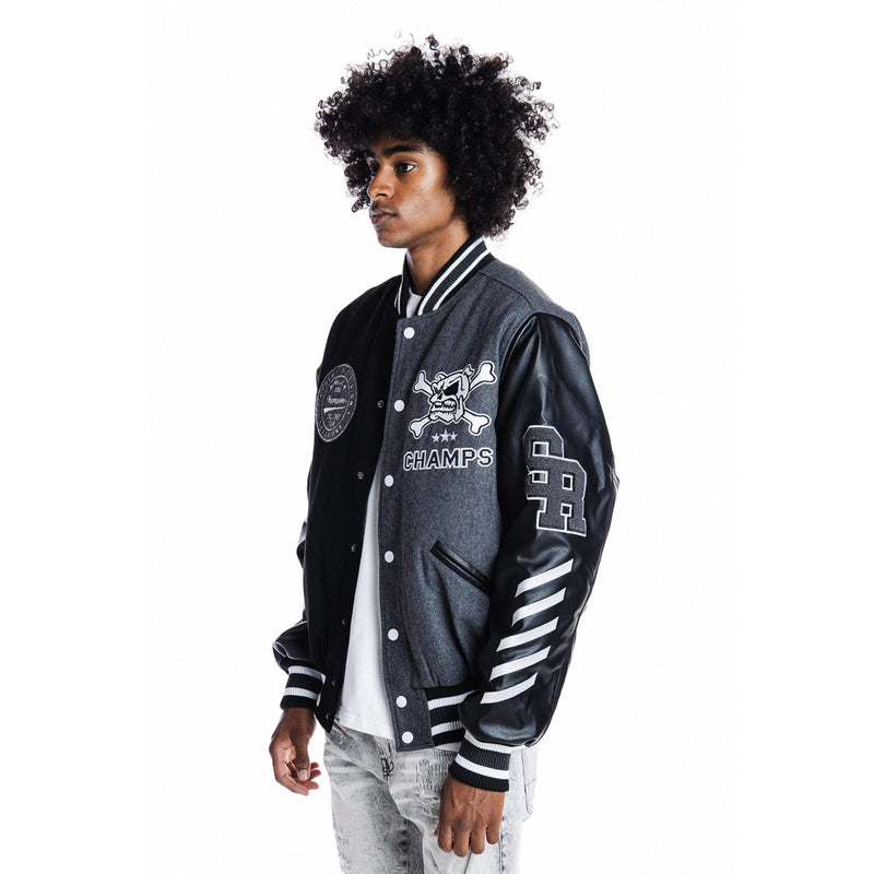 Embroidery Fashion Melton Varsity Jacket - Gray - Smoke Rise
